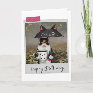 Rainy Day Coffee Calico Cat Funny Birthday Card Kaart