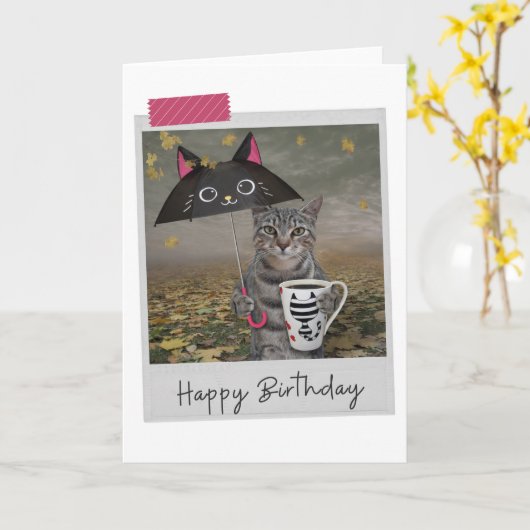 Rainy Day Coffee Tabby Cat Funny Birthday Card Kaart (Gele Bloem)