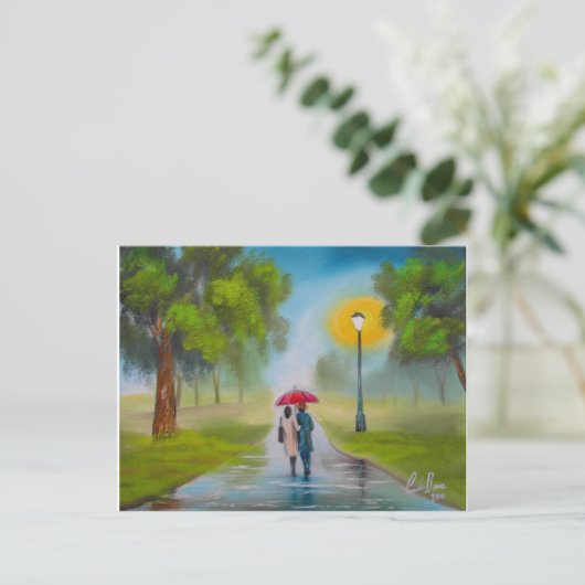 RAINY DAY COUPLE UMBRELLA PAINTING BRIEFKAART (Staand voorkant)