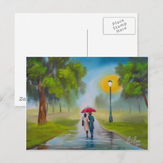 RAINY DAY COUPLE UMBRELLA PAINTING BRIEFKAART (Voorkant / Achterkant)