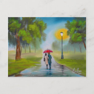 RAINY DAY COUPLE UMBRELLA PAINTING BRIEFKAART