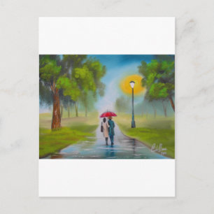 RAINY DAY COUPLE UMBRELLA PAINTING BRIEFKAART