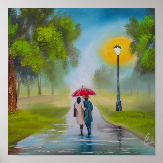 RAINY DAY COUPLE UMBRELLA PAINTING POSTER (Voorkant)