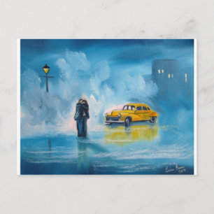 RAINY DAY COUPLE YELLOW TAXI CAB BRIEFKAART