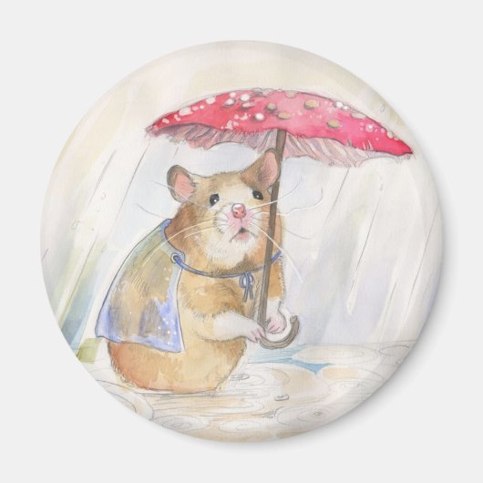 Rainy Day - Hamster met grappige Paddestoel Parapl Magneet (Voorkant)