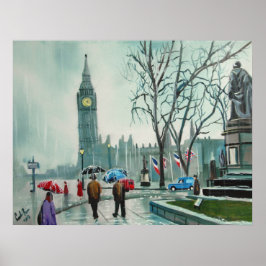 Rainy day in Londen mensen met paraplu's Poster