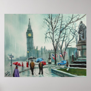 Rainy day in Londen mensen met paraplu's Poster