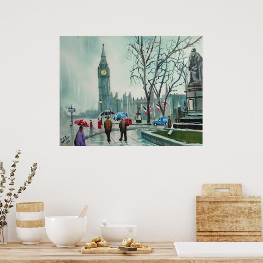 Rainy day in Londen mensen met paraplu's Poster (Keuken)