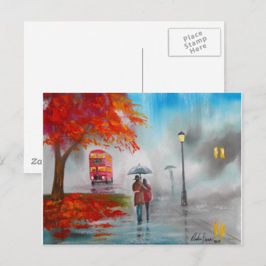 Rainy day red bus paraplu schilderij briefkaart (Voorkant / Achterkant)