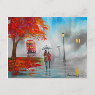Rainy day red bus paraplu schilderij briefkaart