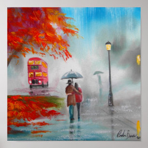 Rainy day red bus paraplu schilderij poster