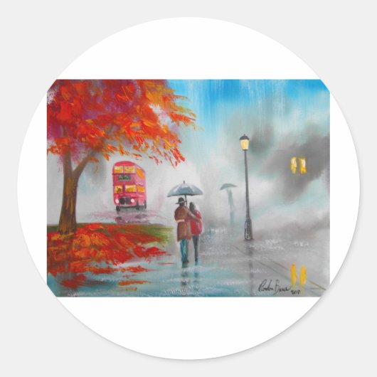 Rainy day red bus paraplu schilderij ronde sticker (Voorkant)