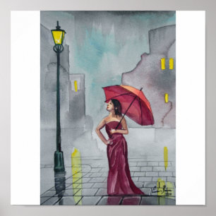 RAINY DAY RED UMBRELLA POSTER