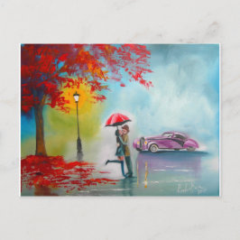 RAINY DAY RED UMBRELLA ROMANTIC COUPLE BRIEFKAART