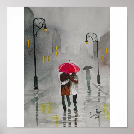 RAINY DAY RED UMBRELLA ROMANTIC COUPLE POSTER (Voorkant)