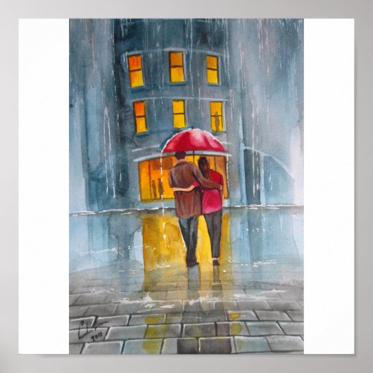 RAINY DAY RED UMBRELLA street scene PAINTING Poster (Voorkant)