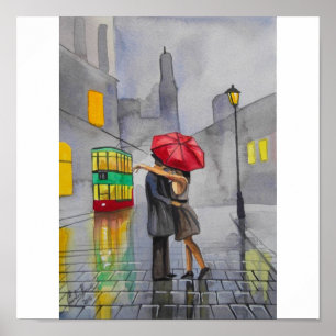 RAINY DAY RED UMBRELLA tram street scene PAINING Poster