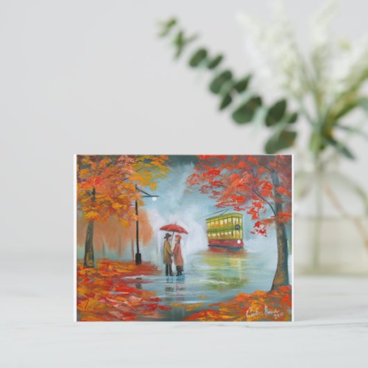 Rainy day Red umbrella trams schilderen Briefkaart (Staand voorkant)