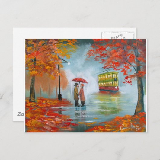 Rainy day Red umbrella trams schilderen Briefkaart (Voorkant / Achterkant)