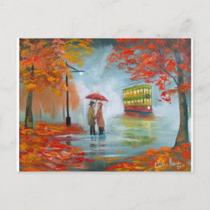 Rainy day Red umbrella trams schilderen Briefkaart