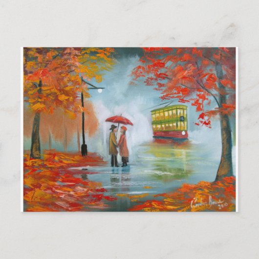 Rainy day Red umbrella trams schilderen Briefkaart (Voorkant)