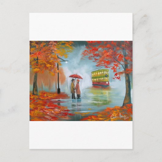Rainy day Red umbrella trams schilderen Briefkaart (Voorkant)