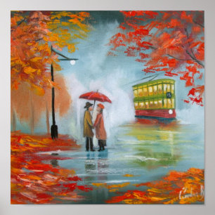 Rainy day Red umbrella trams schilderen Poster