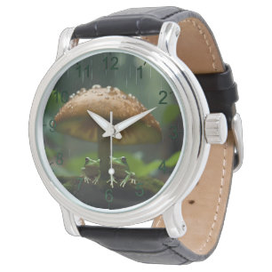 Rainy Day Refuge: Kikkers schuilen onder paddensto Horloge
