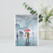 Rainy day romantic koppel rode paraplu schilderij briefkaart (Staand voorkant)