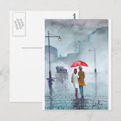 Rainy day romantic koppel rode paraplu schilderij briefkaart (Voorkant / Achterkant)