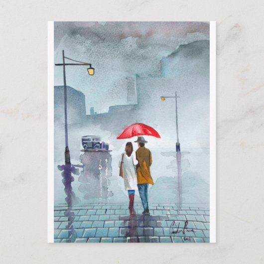 Rainy day romantic koppel rode paraplu schilderij briefkaart (Voorkant)