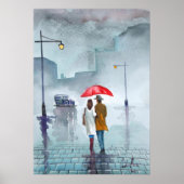 Rainy day romantic koppel rode paraplu schilderij poster (Voorkant)