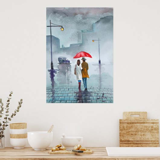 Rainy day romantic koppel rode paraplu schilderij poster (Keuken)
