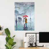 Rainy day romantic koppel rode paraplu schilderij poster (Thuiskantoor)