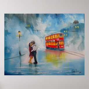 RAINY DAY UMBRELLA RED TRAM Kissingpaar Poster