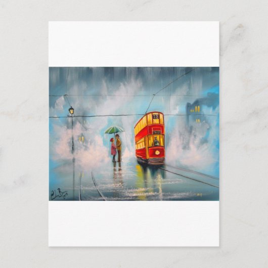 RAINY DAY UMBRELLA RED TRAM romantisch koppel Briefkaart (Voorkant)