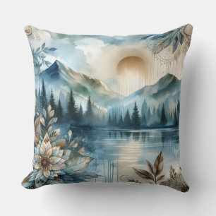 Rainy Day Waterverf Mountain Lake Rustic Boho Kussen
