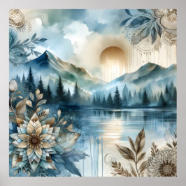 Rainy Day Waterverf Mountain Lake Rustic Boho Poster