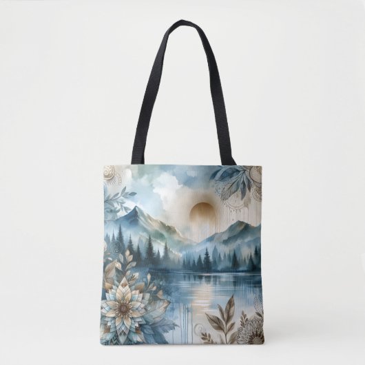 Rainy Day Waterverf Mountain Lake Rustic Boho Tote Bag (Voorkant)