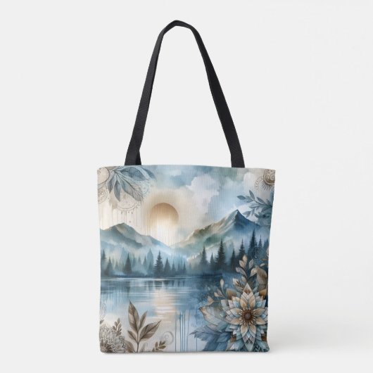 Rainy Day Waterverf Mountain Lake Rustic Boho Tote Bag (Achterkant)