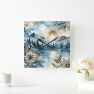 Rainy Day Waterverf Mountain Lake Rustic Boho Vierkante Klok