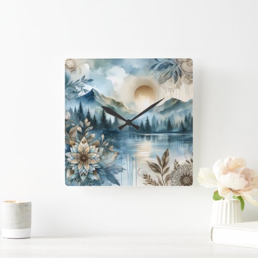 Rainy Day Waterverf Mountain Lake Rustic Boho Vierkante Klok (Huis)