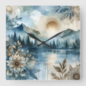 Rainy Day Waterverf Mountain Lake Rustic Boho Vierkante Klok (Voorkant)