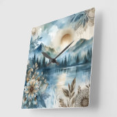 Rainy Day Waterverf Mountain Lake Rustic Boho Vierkante Klok (Hoek)
