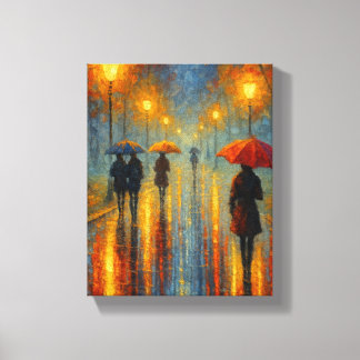 Rainy Evening Street Lights - Romantische stad Canvas Afdruk