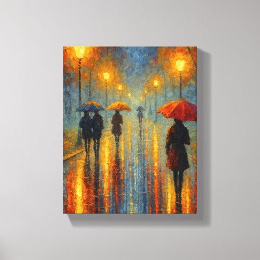 Rainy Evening Street Lights - Romantische stad Canvas Afdruk (Voorkant)