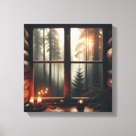 Rainy Forest View from Cabin Vintage Window Scene Canvas Afdruk