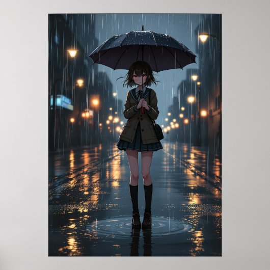 Rainy Night Anime Girl met paraplu Poster (Voorkant)
