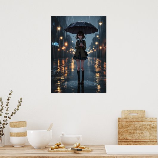 Rainy Night Anime Girl met paraplu Poster (Keuken)