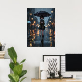 Rainy Night Anime Girl met paraplu Poster (Thuiskantoor)